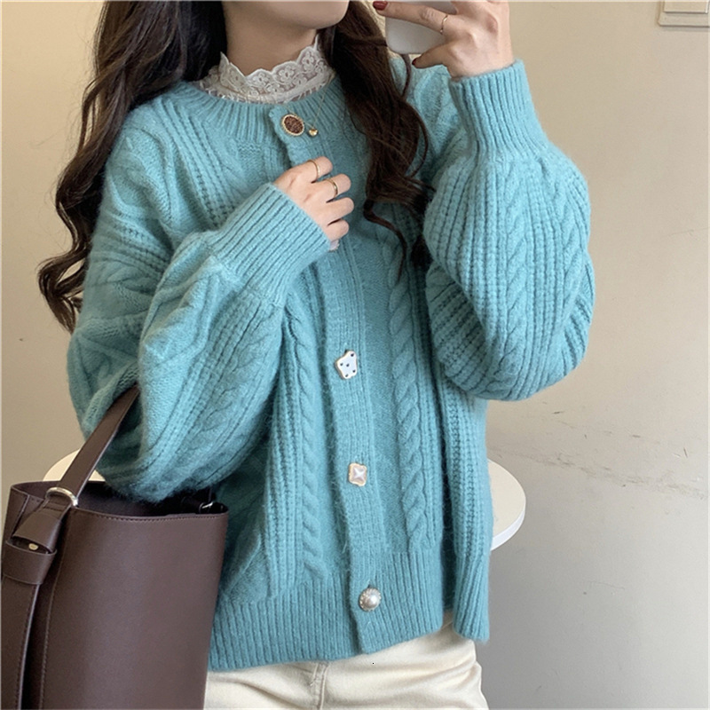 French Fried Dough Twists Round Neck Sweater Coat Autumn And Winter New Style Lantern Sleeve Loose Versatile Knitting Cardigan Women Dress F1028#45