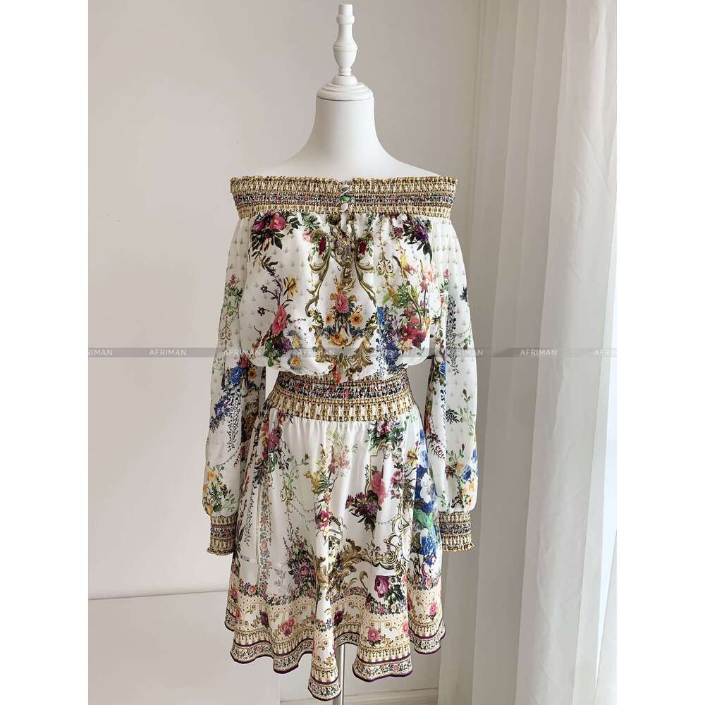 Women Slash Collar Long Sleeve Crystal Beaded Retro Wer Print Elastic Waist Mini Silk Dress