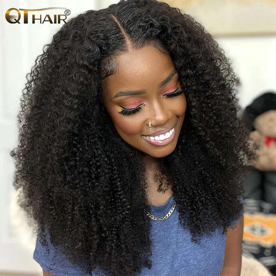 QT Brazilian x Kinky Curly Lace Front Wigs Transparent Frontal For Black Women Pre Plucked With Baby Hair
