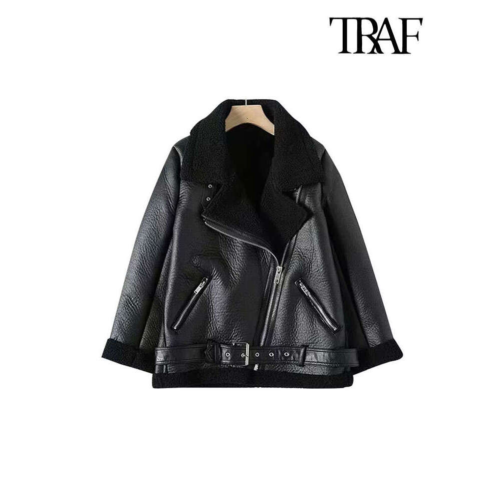 Traf-Women's Thick Warm Winter Fur Faux Leather Oversized Jacket, Long Sleeve Coat, Female Outerwear, Chic Tops, Fashion