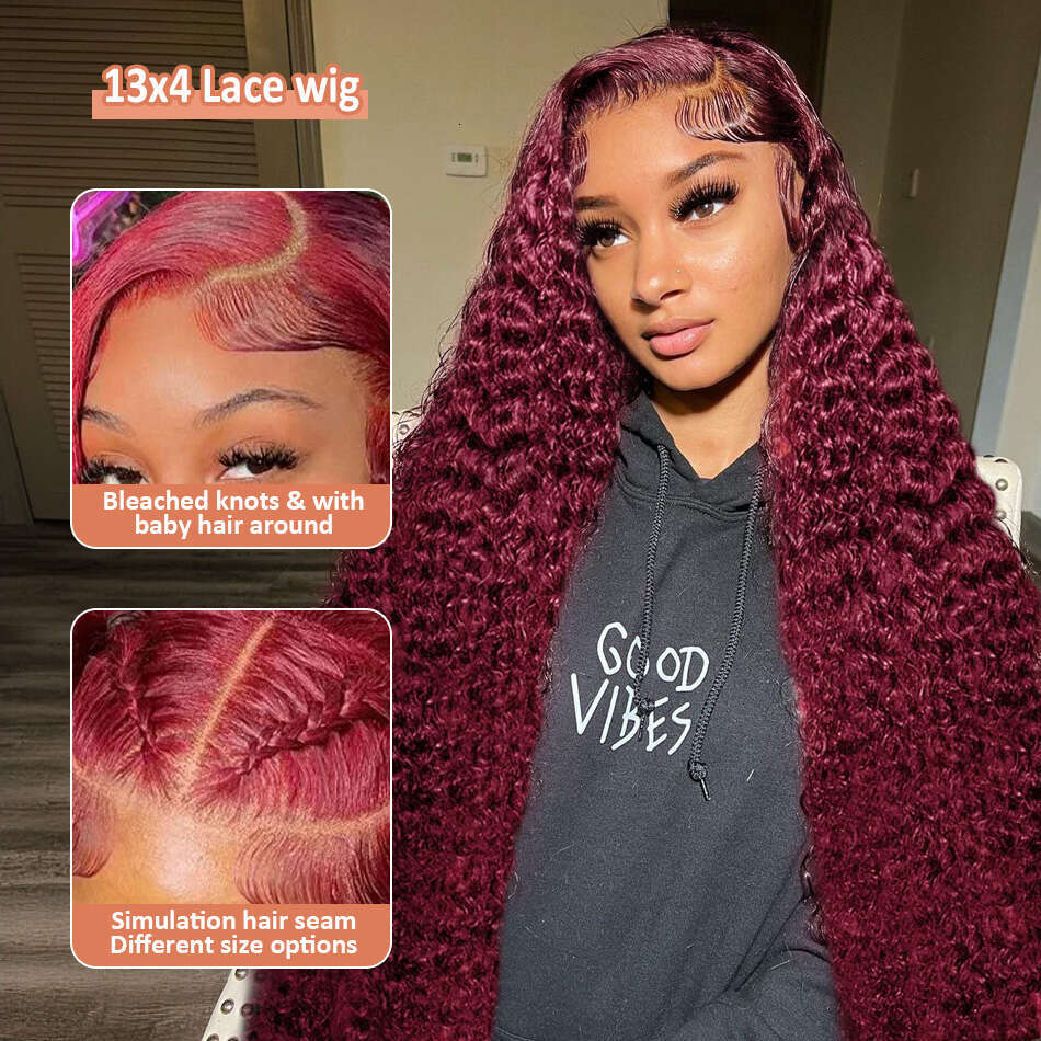 Inch J Burgundy HD Lace Front Wig Density X Red Curly Human Hair Colored Deep Wave Frontal For Women