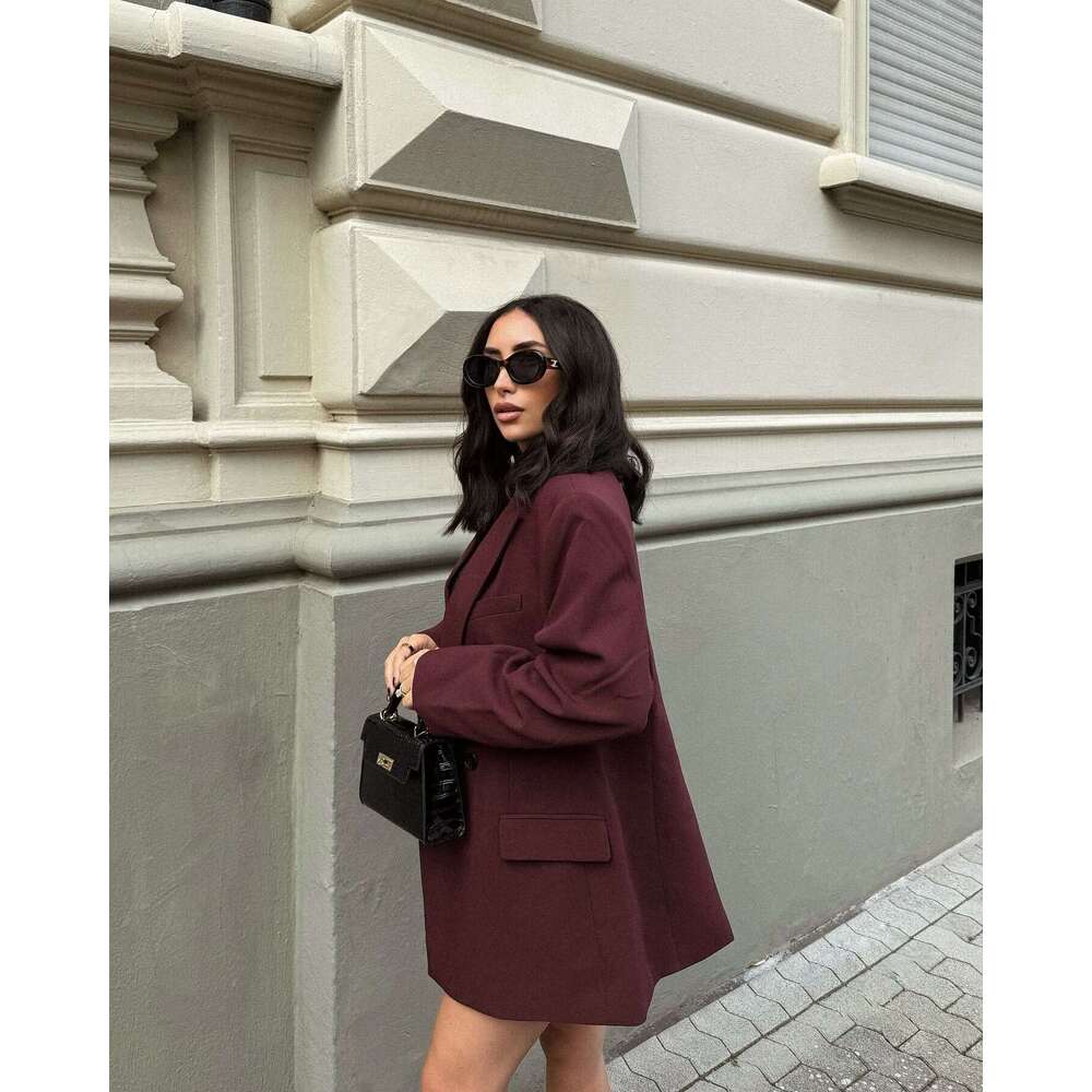 TRAFZA Elegant Red Solid Office Women Lapel Pocket 2024 New Spring Autumn Fashion Old Money Commuter Blazer