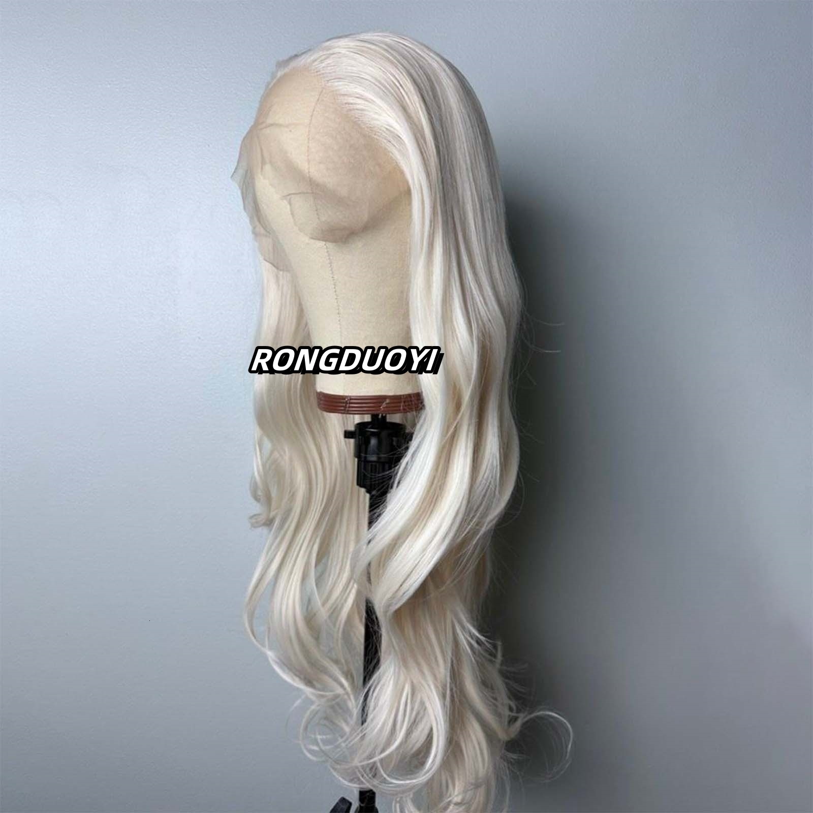 Platinum Natural Wavy Synthetic Hair Front Wig Long Curly Colored White Blonde Lace Frontal Wigs for Women Party