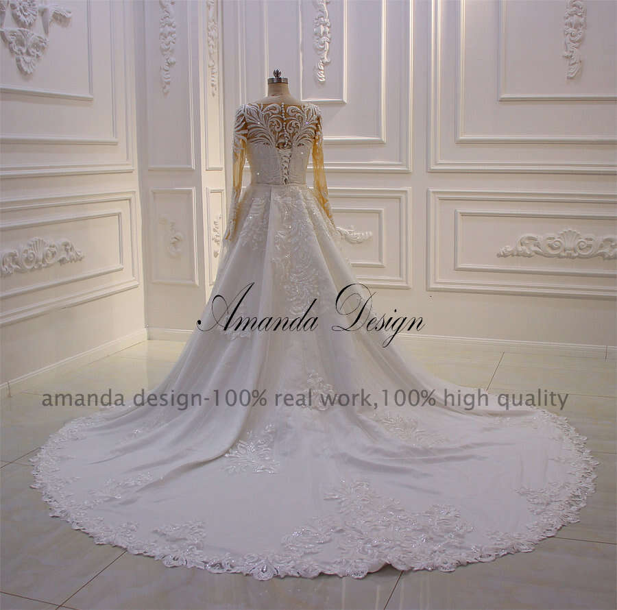 Amanda Design gelik Long Sleeve Lace Appliqued African Wedding Dress with Detachable Skirt