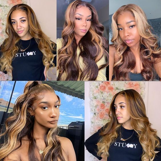 13x4 HD Highlight Ombre Body Wave Wigs 4/27 Blonde Brown 13x6 Lace Frontal Wig Colored Human Hair 180% For Women