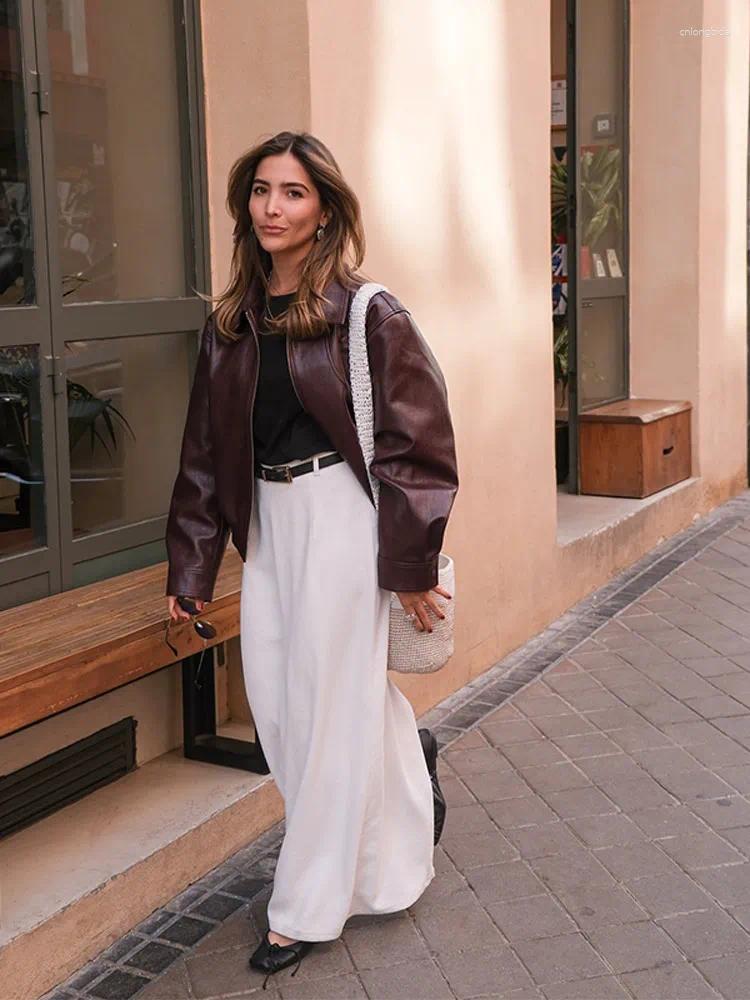 Womens Jackets Women Burgundy Cropped Leather Jacket Chic Elegant Lapel V Neck Long Sleeve Pockets Short Coat 2024 Female Fashion Outerwear
