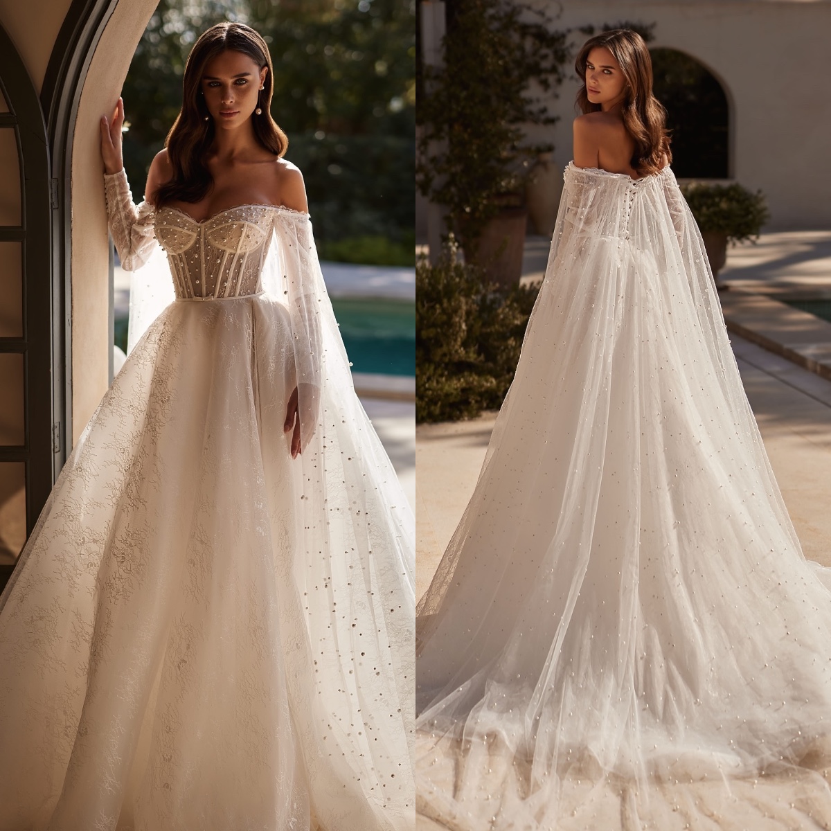 Pearls Dresses Gorgeous Bridal Gowns 2024 Off Shoulder Long Sleeves Wedding Dress A E Bone Bodice Lace Robe De Mariee