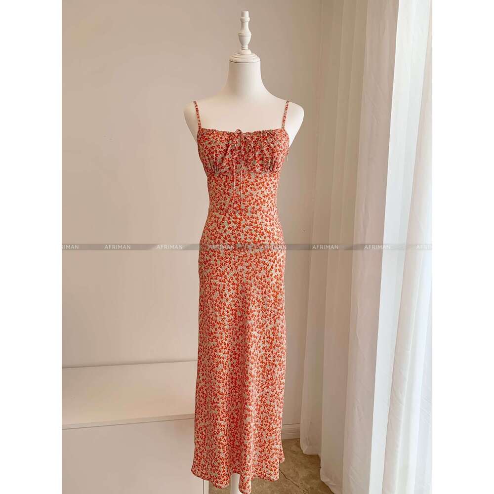Summer Diagonal Cut Silk Suspender Rose Print Slim Fit Seaside Vacation Dress For Women