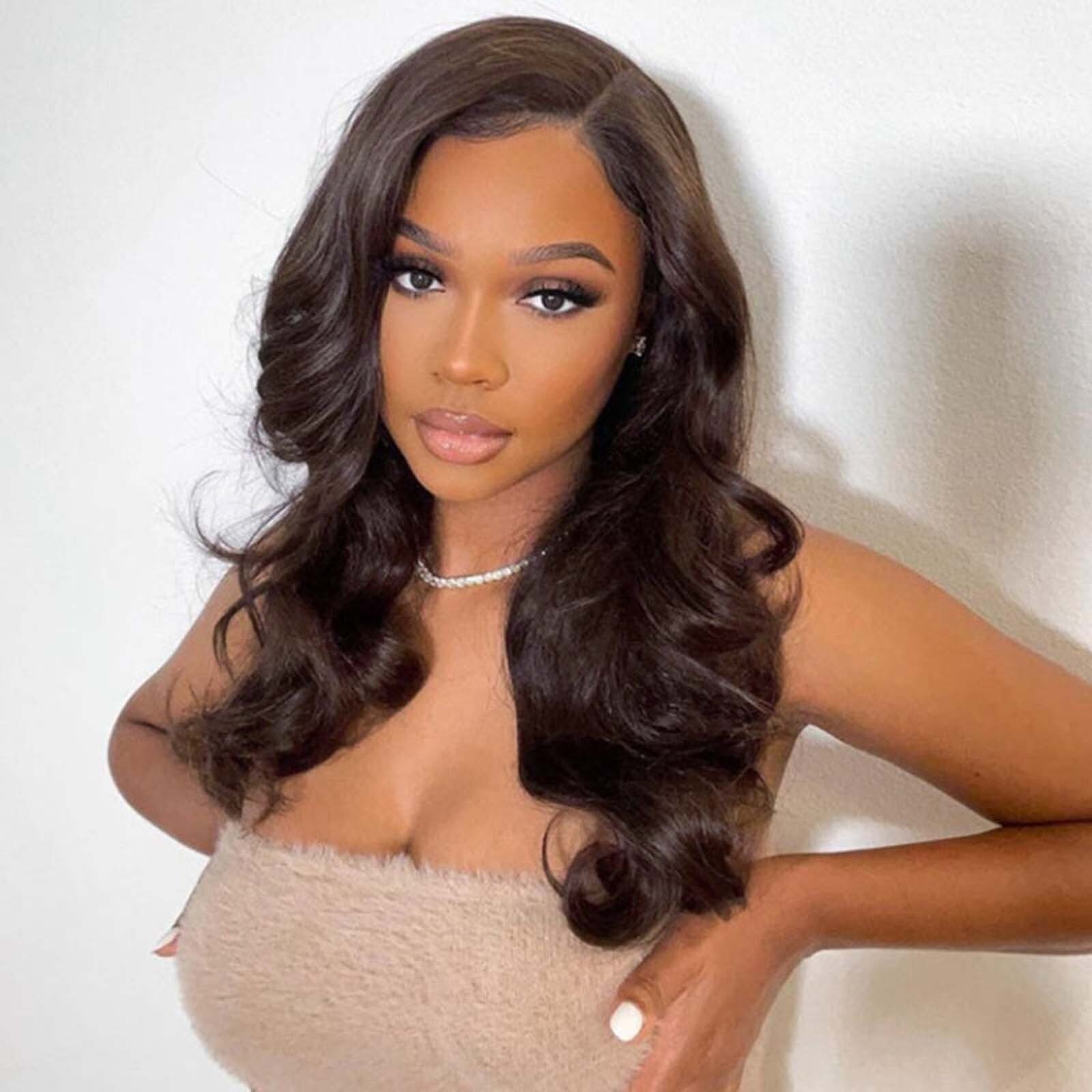 Dark Brown Body Wave Synthetic Lace Front Wig Long Curly Wavy Brunette Colored Hair 13X4 Frontal Wigs for Women Daily Party