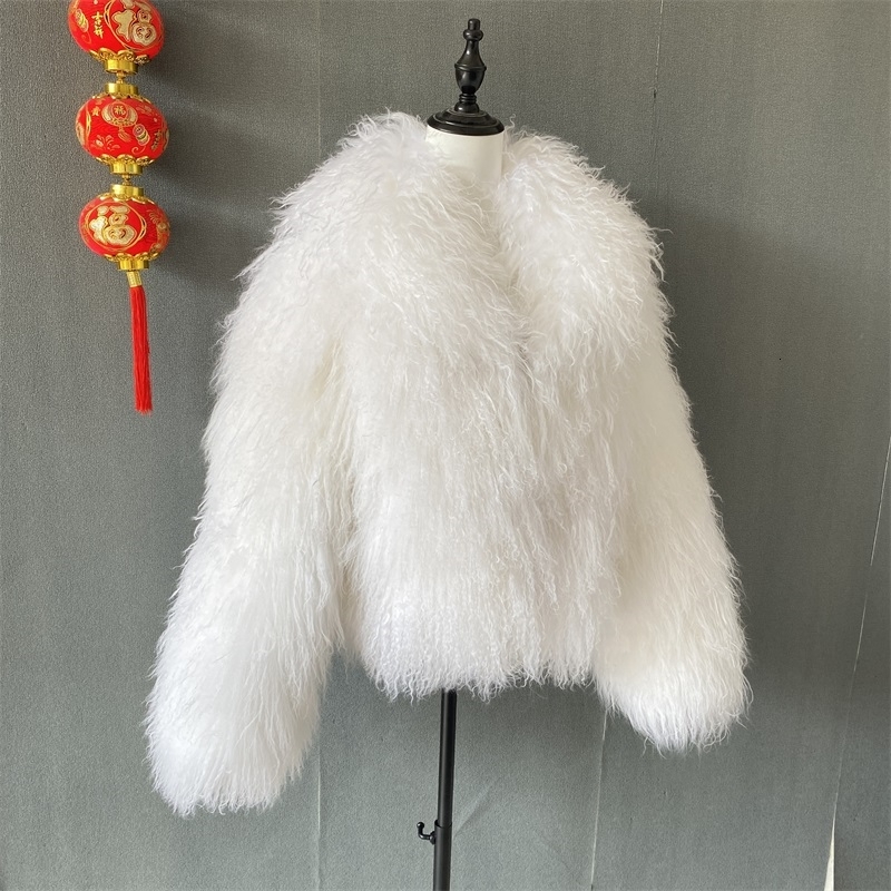 Mongolian Fur Lapel Jacket Women Elegant White Fluffy Solid Thicken Warm Long Sleeves Coats Winter Chic Oversize Lady