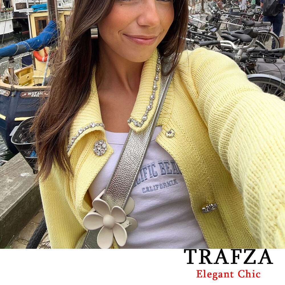 TRAFZA Elegant Casual Plain Knit Women's Sweet Shirt With Rhies New 2024 Spring Fasion Yellow Cardigan