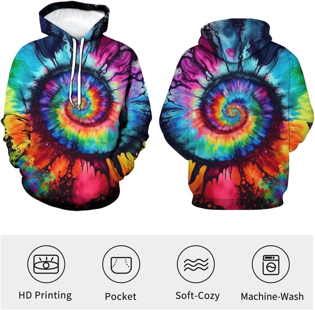 Hoodie for Mens cool Unisex 3D Tie-Dye Graphic Hoody Hoodie Vintage Rainbow Pattern Pockets Hoodies Graphic Trendy patterns