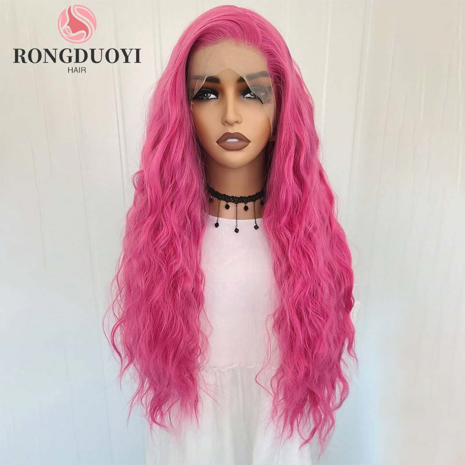 13X4 Rose Red Curly Synthetic Front Wig Natural Wavy Long Hot Pink Colored Hair Lace Frontal Wigs for Women Party Daily