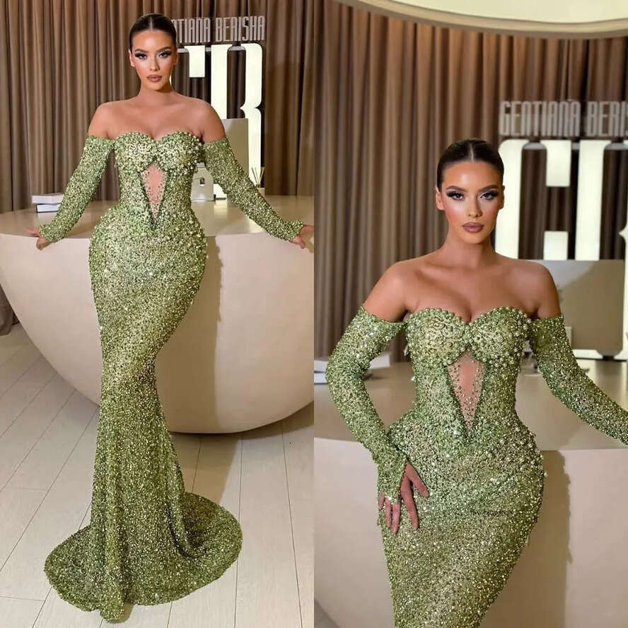 Green Sequins Mermaid Evening Dresses Off Shoulder Keyhole Neck Pearls Party Prom Formal Long Red Carpet Dress For Special Ocn 0515