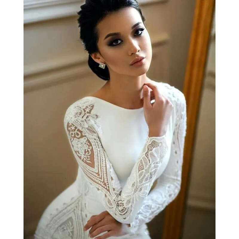 Elegant Long Sleeve Mermaid Dress With Lace Appliqued Satin Boho Beach Wedding Gowns Sequined Vestido De Novia