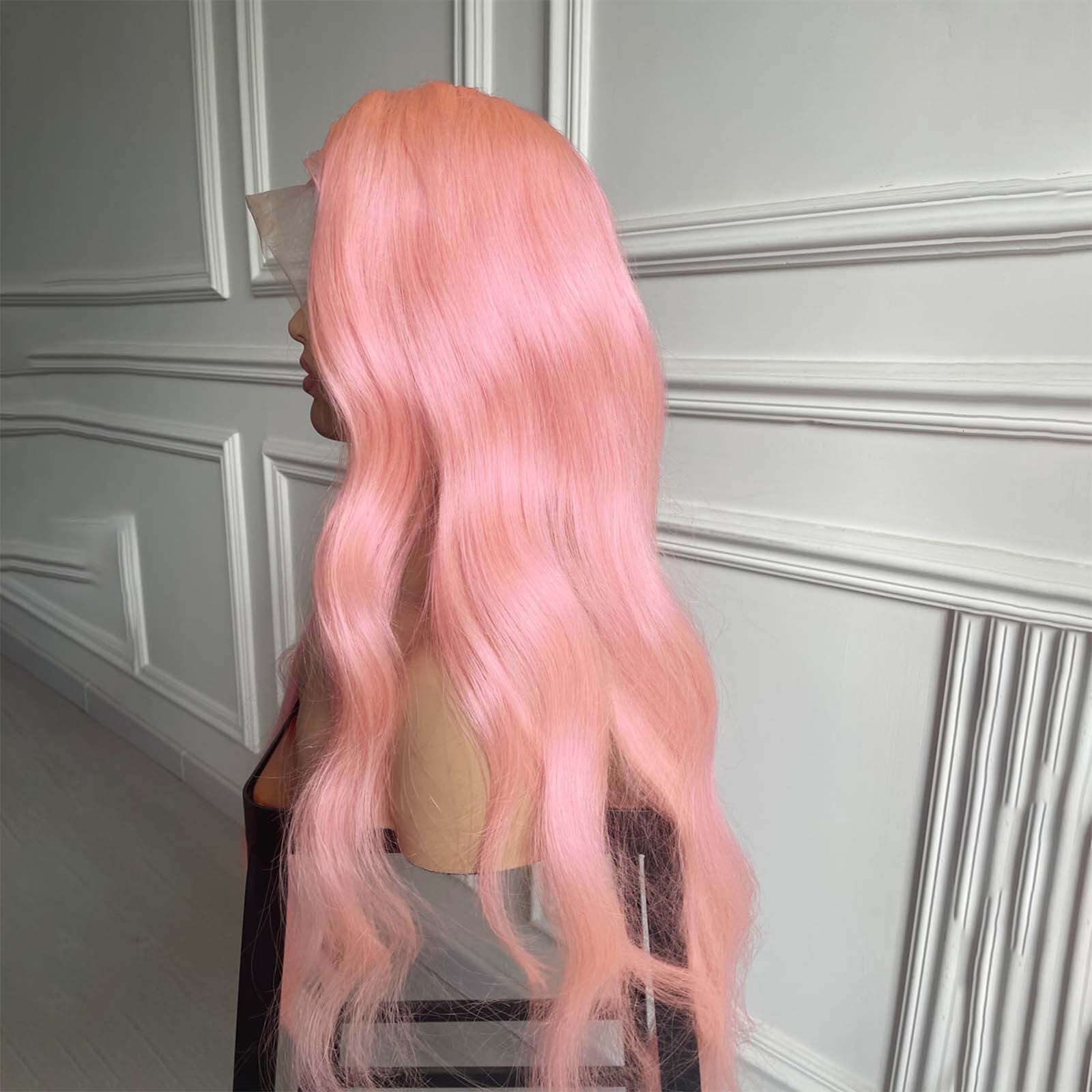 Light Long Wavy Synthetic Front Wig Glueless Natural Body Wave Pink Colored Hair Lace Frontal Wigs for Women Party