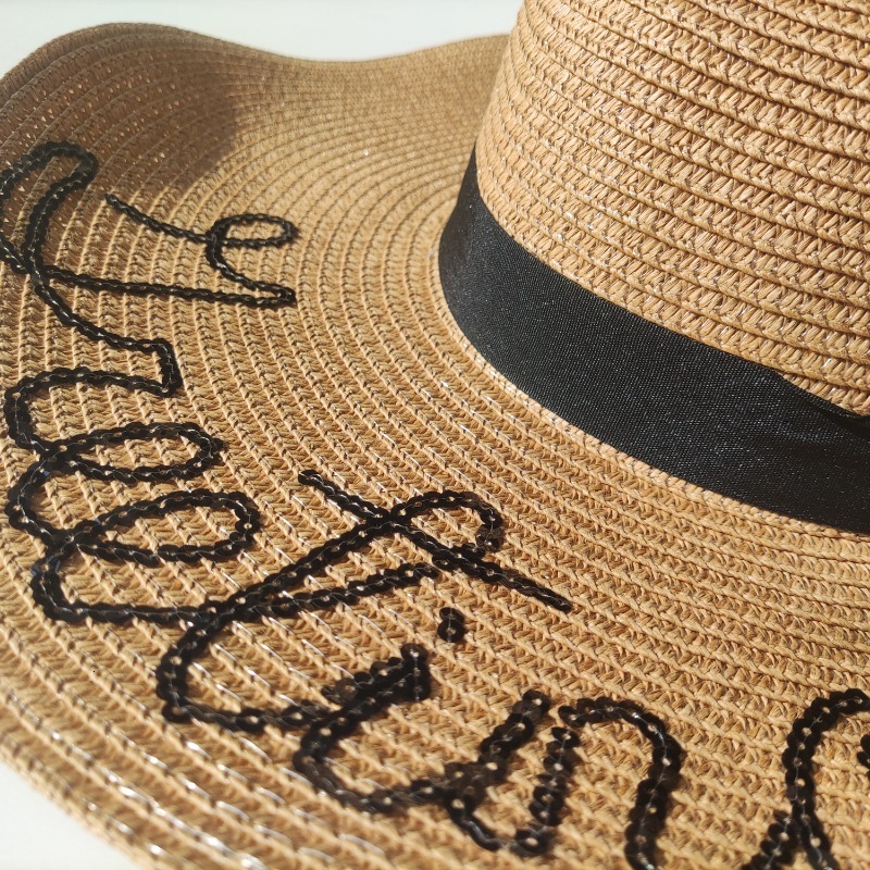 Hot selg elegant temperament letter printing beach sun shading women's large brimmed straw hat