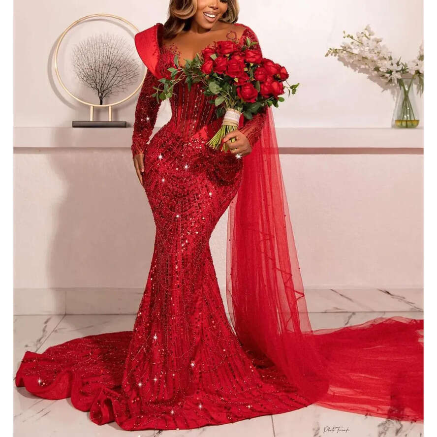 Red Mermaid Prom Long Sleeves V Neck 3D Lace Sexy Appliques Sparkly Sequins Beaded Or Length Celebrity Train Evening Dresses Plus Size Custom Made 043