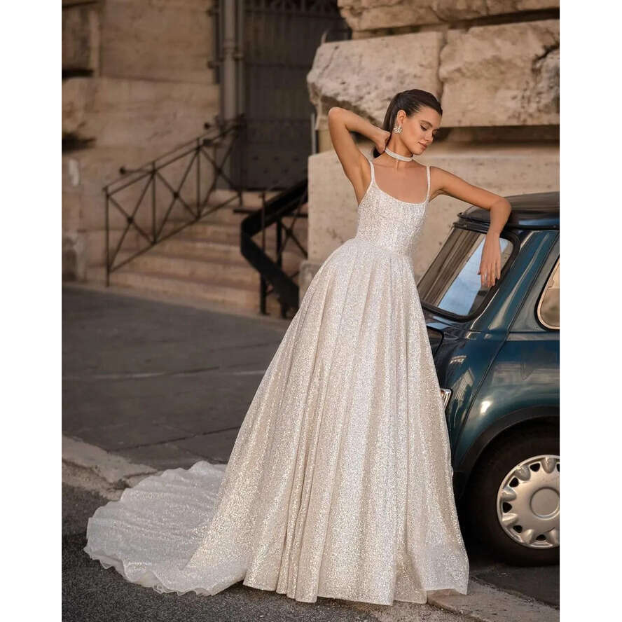 Berta A E Dresses Straps Bone Bodice Glitter Wedding Gown Sweep Train Designer Bridal Gowns 0515