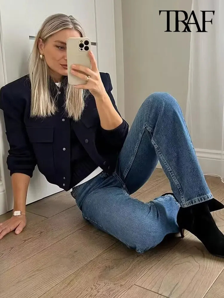 TRAF Women Fashion With Pockets Bomber Jacket Coats Vintage Long Sleeve Front Button Casual Female Outerwear Chic Tops 241024