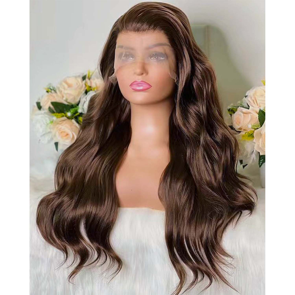 RONGDUOYI Chocolate Dark Brown Long Wavy Synthetic Frontal Wigs for Women Glueless Natural Haire Wave Hair Wig Daily Party