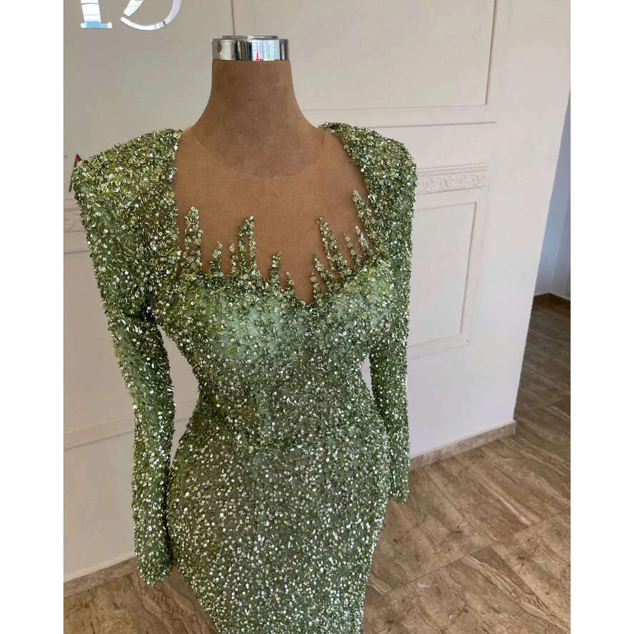 Sexy Green Mermaid Evening Sequins Crystal Long Sleeves Formal Party Prom Dress Pleats Dresses For Special Ocn 0515
