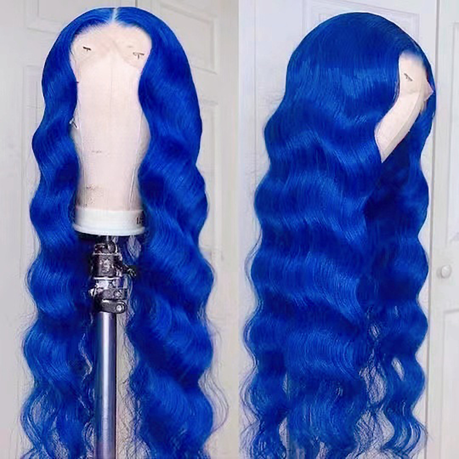 Royal Blue Front Body Wave Synthetic Wig Glueless Dark Colored Long Wavy Hair Frontal Lace Wigs for Women Party Cosplay
