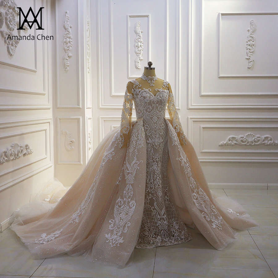 robe de mariee 2024 Long Sleeve Lace Appliqued Champagne Detachable Skirt Wedding Dress