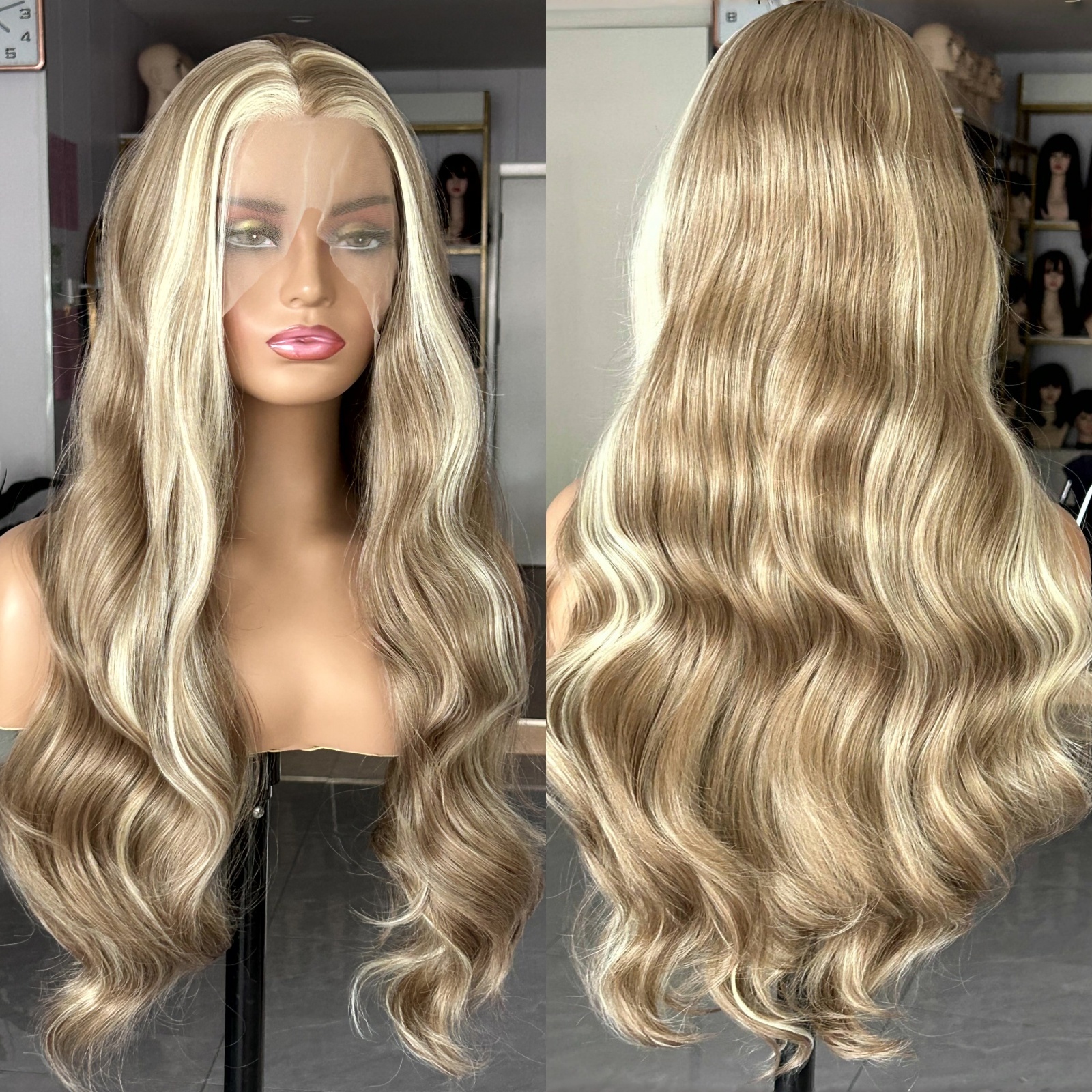 Brown Wig with Ash Blonde Highlights Synthetic Hair Long Wavy Loose Body Wave Strea Money Piece 13X4 Frontal Wigs for Women