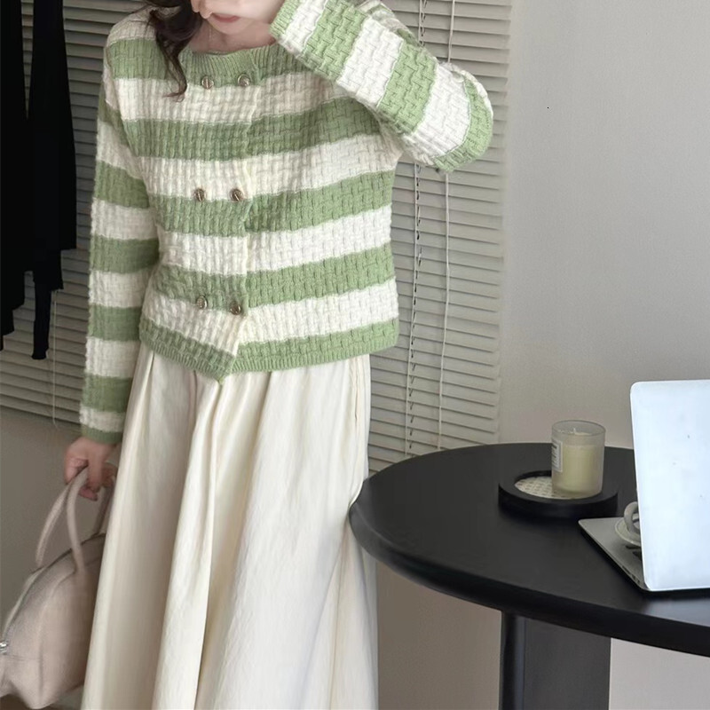 Autumn Winter New Korean Striped Round Neck Sweater Women French Soft And Sticky Double Breasted Versatile Knitted Cardigan For Women F1028#38
