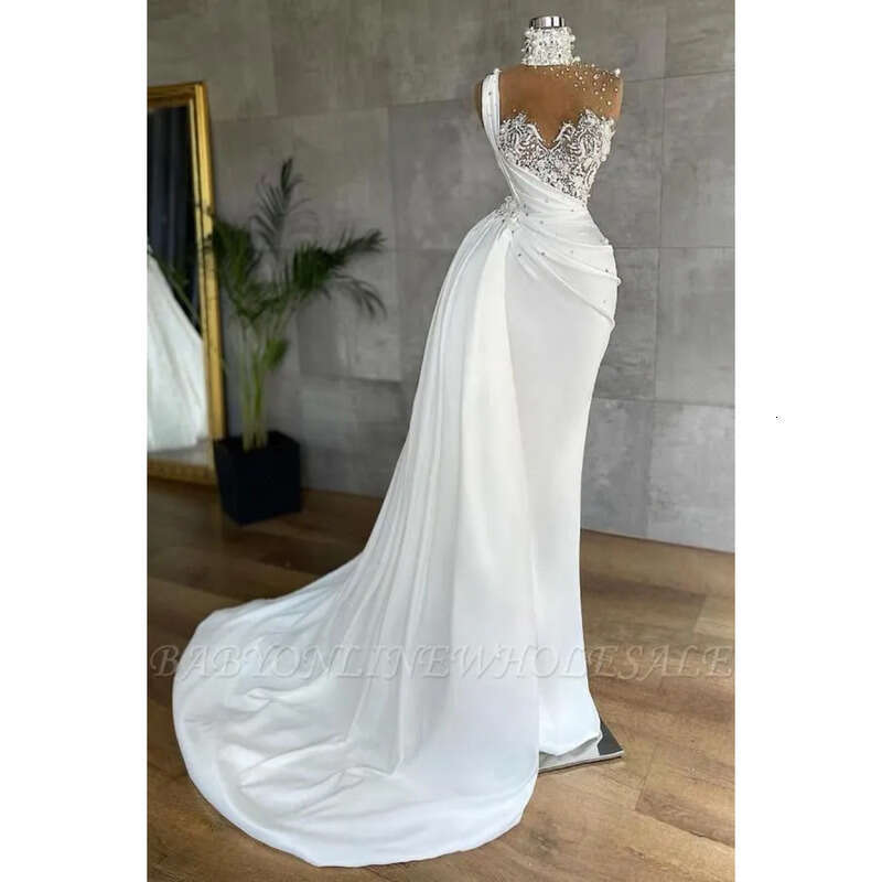 Mesh Sheer Top Satin Mermaid Long Prom Dresses New High Neck Beaded Pearls Lace Ruched Formal Sweep Train Party Evening Gowns Bc