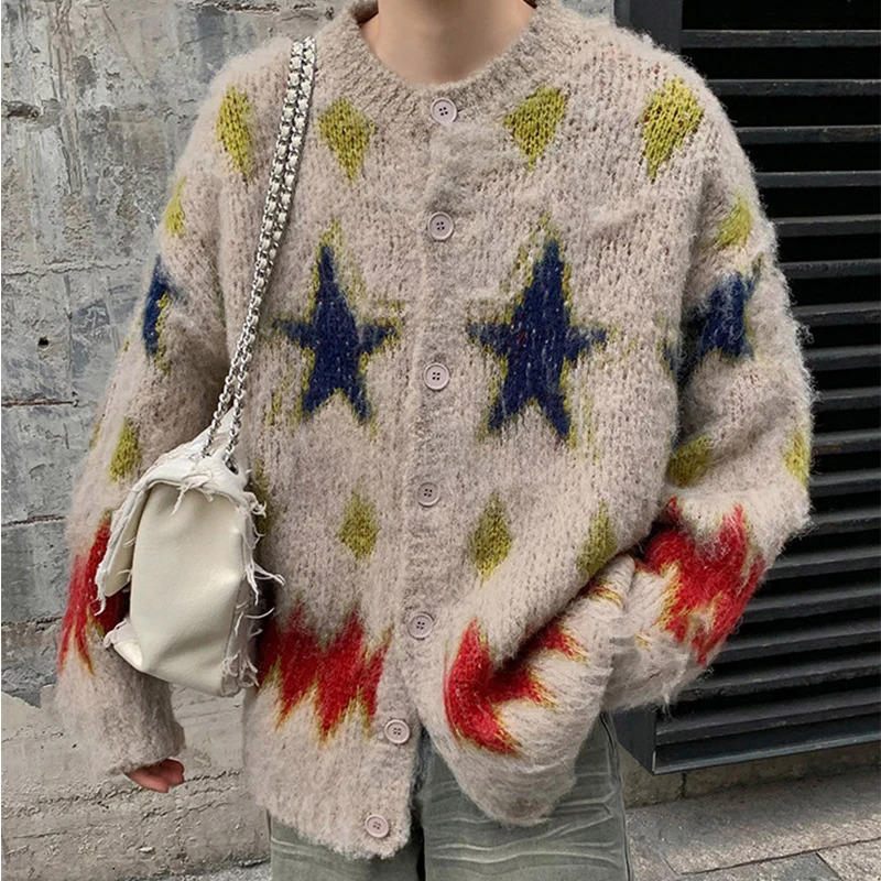 Mens Knitted Graphic Buttons Cardigan Sweater Coat Long Sleeve Casual Streetwear Stylish Leisure Vintage 2024 241024