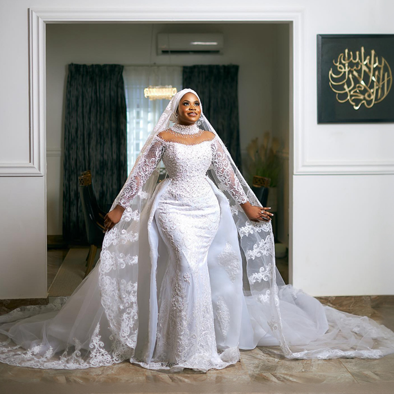 2025 Plus Size Arabic African Wedding Dress For Bride Bridal Gowns Detachable Train Mermaid Pearls Beaded Lace High Neck Long Sleeves Wedding Gowns Fo
