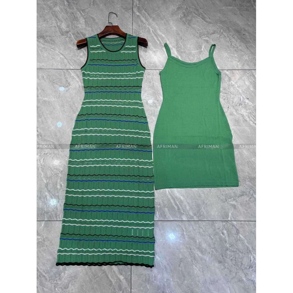 Women Round Neck Sleeveless Wave Striped Green Knitted Midi Bodycon Dress