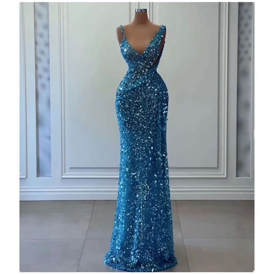 Blue Prom Dresses Spaghetti Straps Sleeveless V Neck Lace Appliques Shiny Sequins Beaded Train Hollow Mermaid Or Length Evening Dress Plus Size Custom