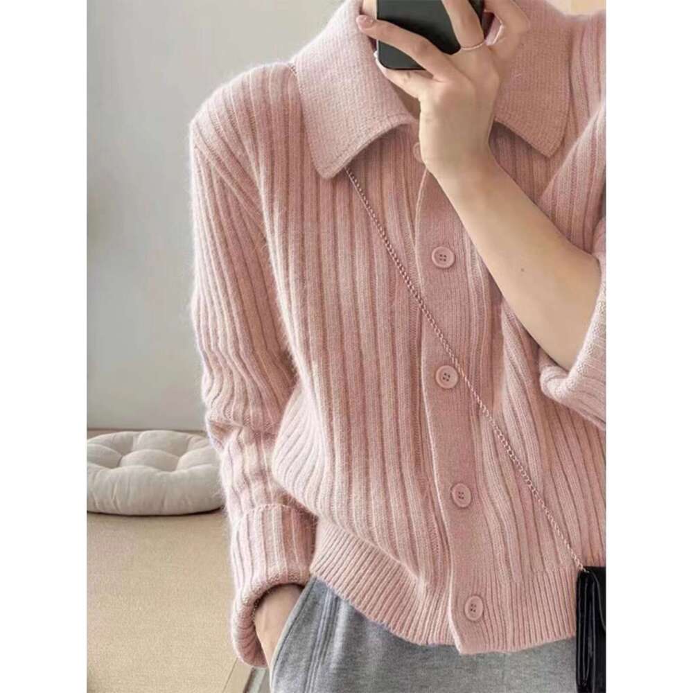 Temperament Lapel 100 Pure Cashmere Knit Cardigan Blouse Autumn And Winter Loose Sweater Wool Coat