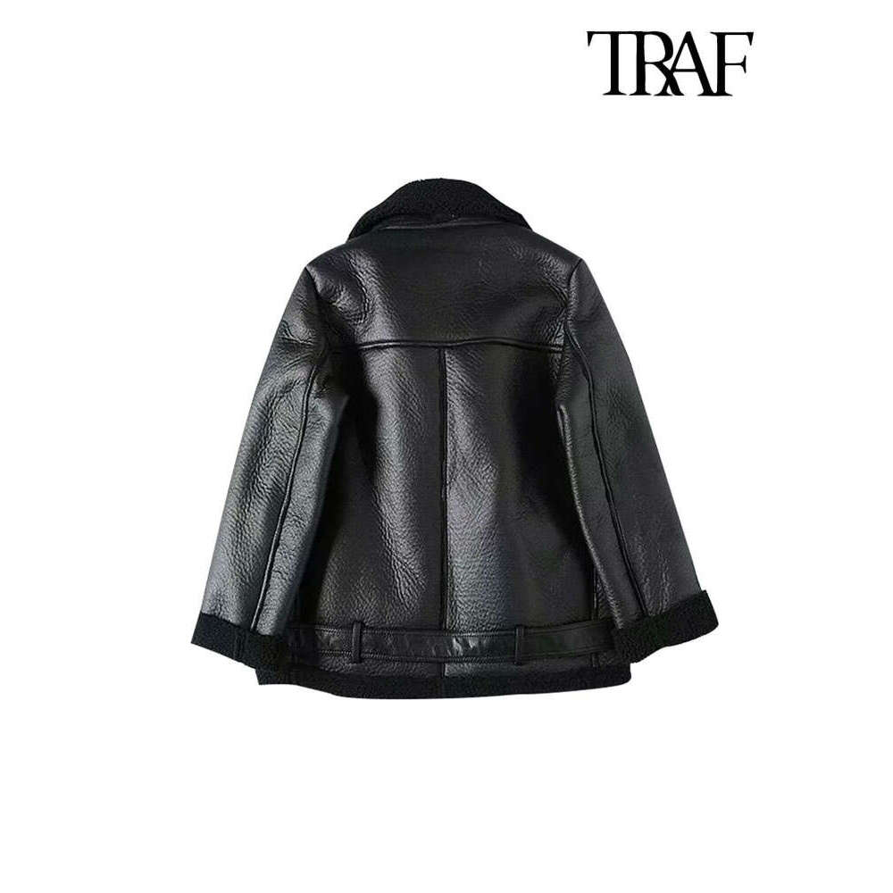 Traf-Women's Thick Warm Winter Fur Faux Leather Oversized Jacket, Long Sleeve Coat, Female Outerwear, Chic Tops, Fashion