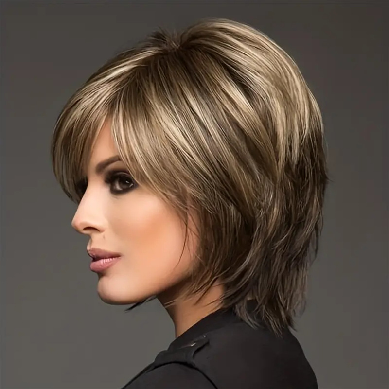 Fashion short straight wig with side bangs and high temperature silk full head wig