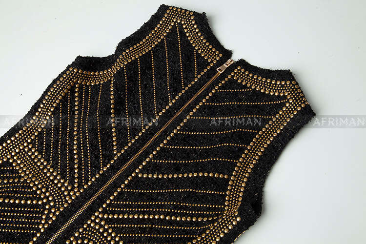 Women New Positioning Rivet Beaded Sleeveless Waist Wrap Hip Gold Thread Tweed Bodycon Dress