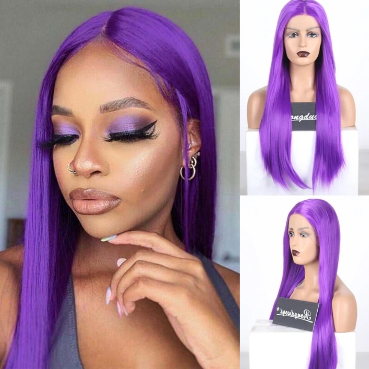 RDY Long Silky Straight Synthetic Front Wig Glueless Deep Purple Color Hair Frontal Lace Wigs for Women Daily