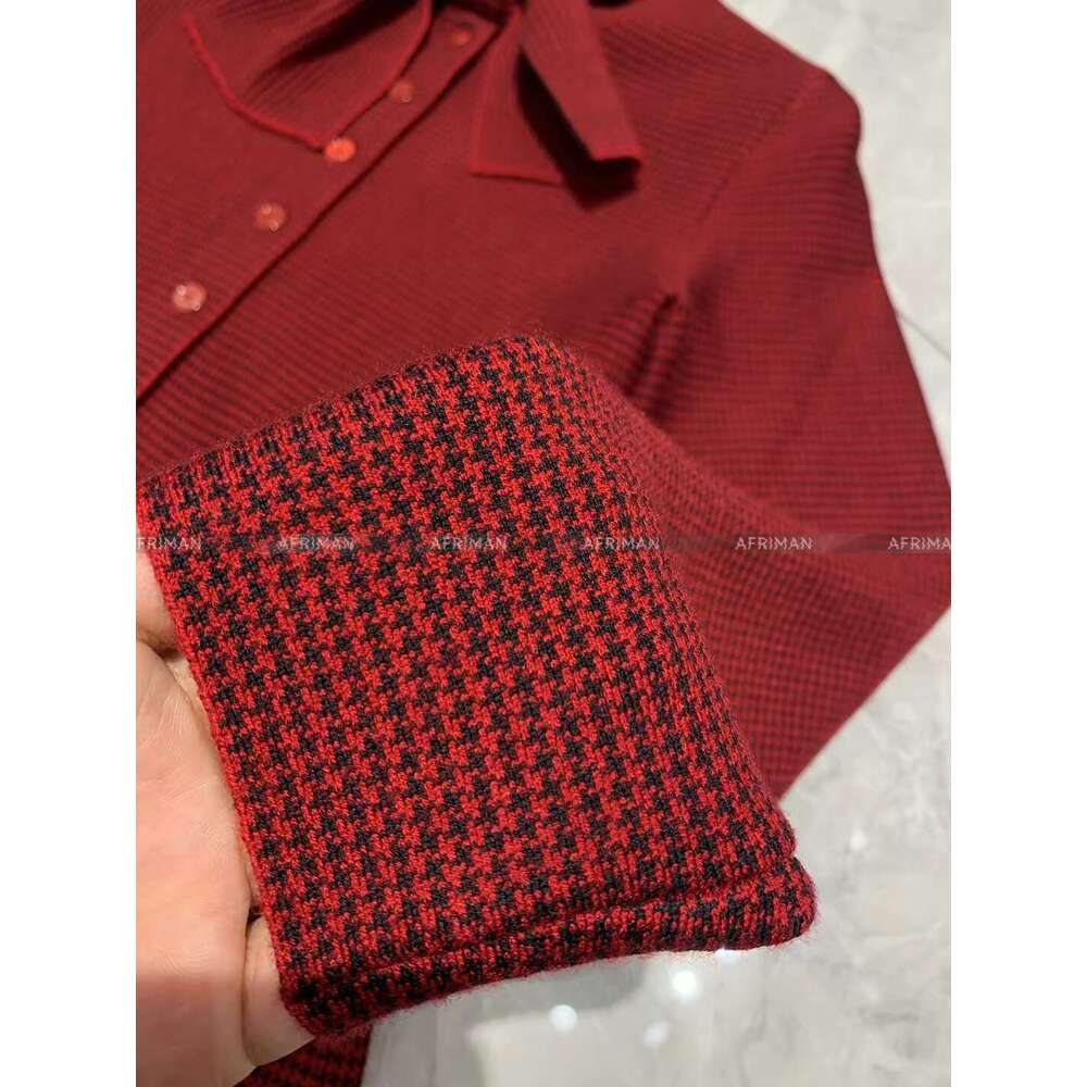 Women Ribbon Bow Collar Long Sleeve Houndstooth Large Swing Knitted Dress