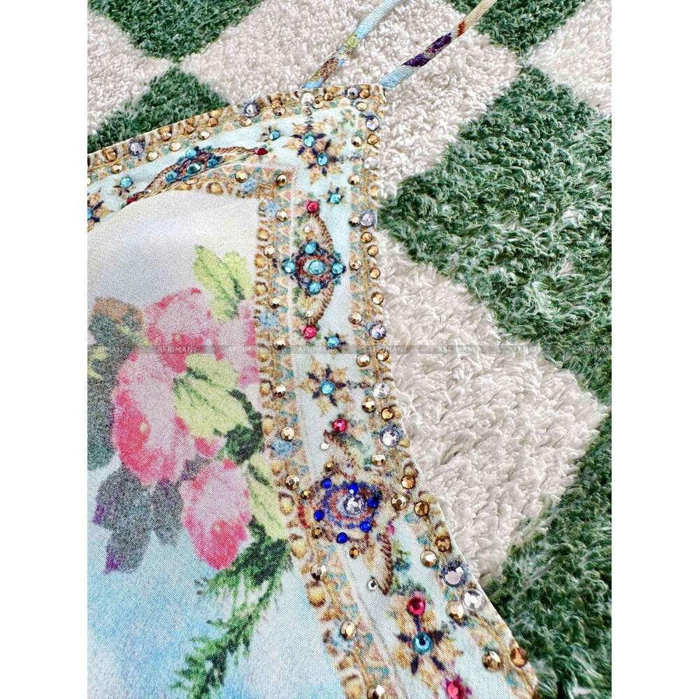Women Sexy Strapless Cross V Neck Crystal Beaded Retro Wer And Animal Print 100% Silk Long Sg Dress