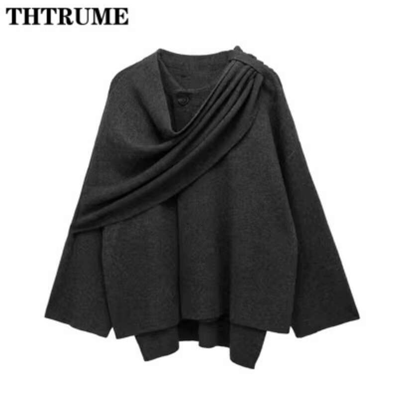2024 New Scarf Collar Jackets For Women Elegant Solid Autumn Winter Long Sleeve Loose Coats Casual Streetwear Vintage Outwear