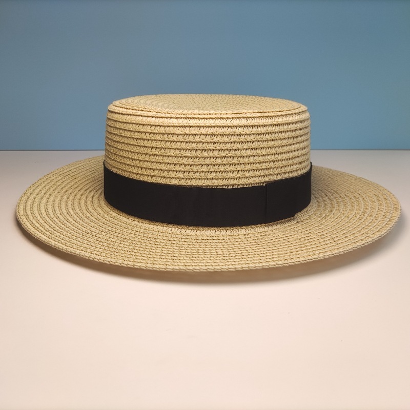 Flat top with decorative straw hat senior sense flat eaves shade holiday straw hat for women