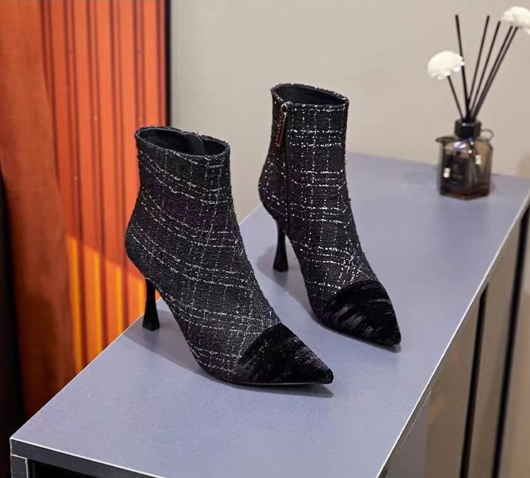 Women's Fashion Boots:High Heel Trendy Design Winter Stylish Wear Pointed Toe Gentle Style,Black/Beige,Free shipping