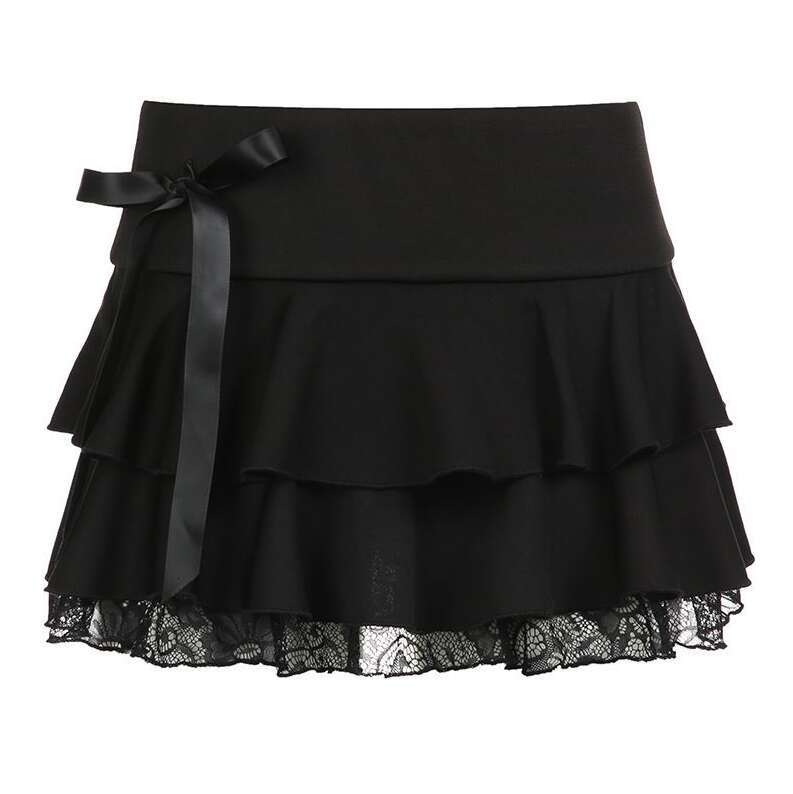 Bow element lace patchwork slimming half skirt for spicy women, high waisted multi-layer pleated skirt for women