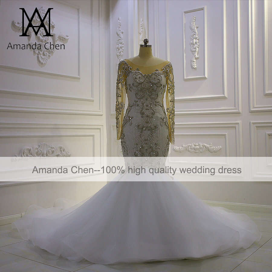 robe longue femme Long Sleeve Crystal Mermaid Wedding Dress