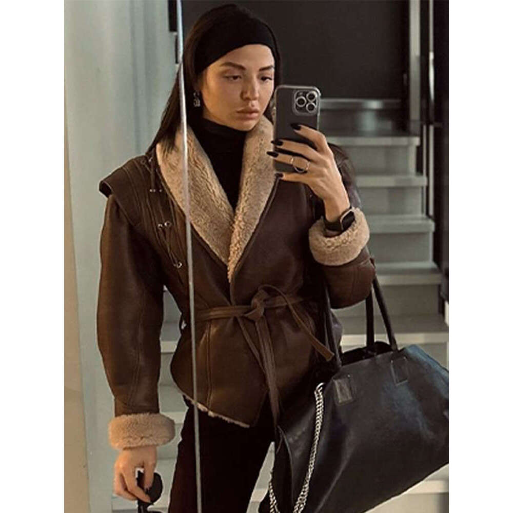 Belt Patchwork Women Jacket Warm Plush Leather Female Coat 2024 Autumn Winter Lapel Long Sleeve Motorcycle Lady Outerwear