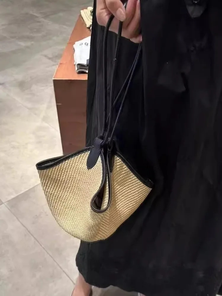 ner Women Summer Holiday Straw Bag Vintage Bucket Shoulder Bags Cow Leather Spliced Beach Casual Handbag 241021