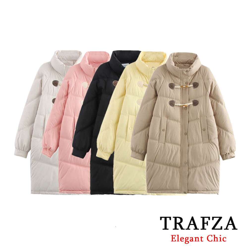 TRAFZA Women Fall Winter Padding Five-Color Horn Buttons Zipper New 2024 Fashion Energetic Simple Long Coat